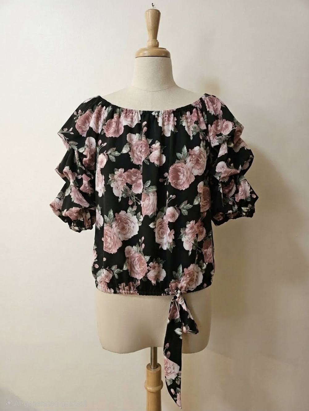 CeCe Black Off-Shoulder Floral Tie-Waist Blouse